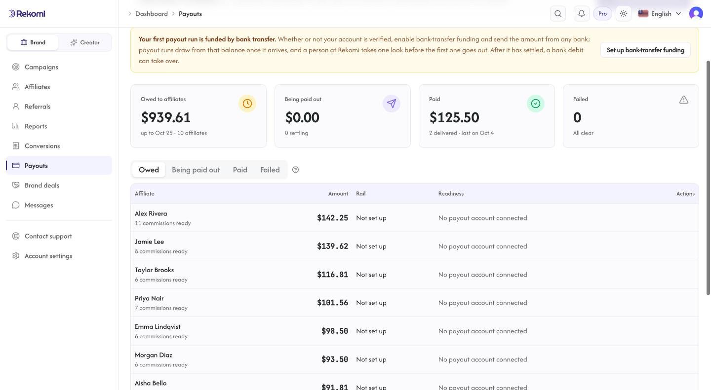 Rekomi payout dashboard showing owed, in progress, paid and failed balances.